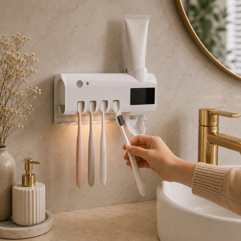 Dispenser de Pasta com UV | 3 em 1 Porta Escovas e Esterilizador