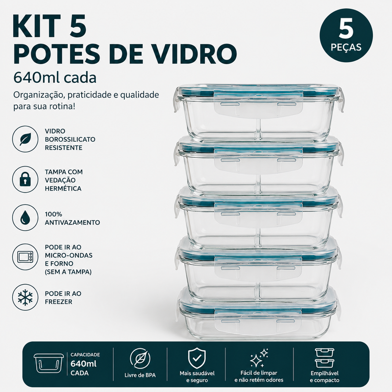 Kit 5 Potes Herméticos 640ml Com e Sem Divisória Retangular Transparente Premium