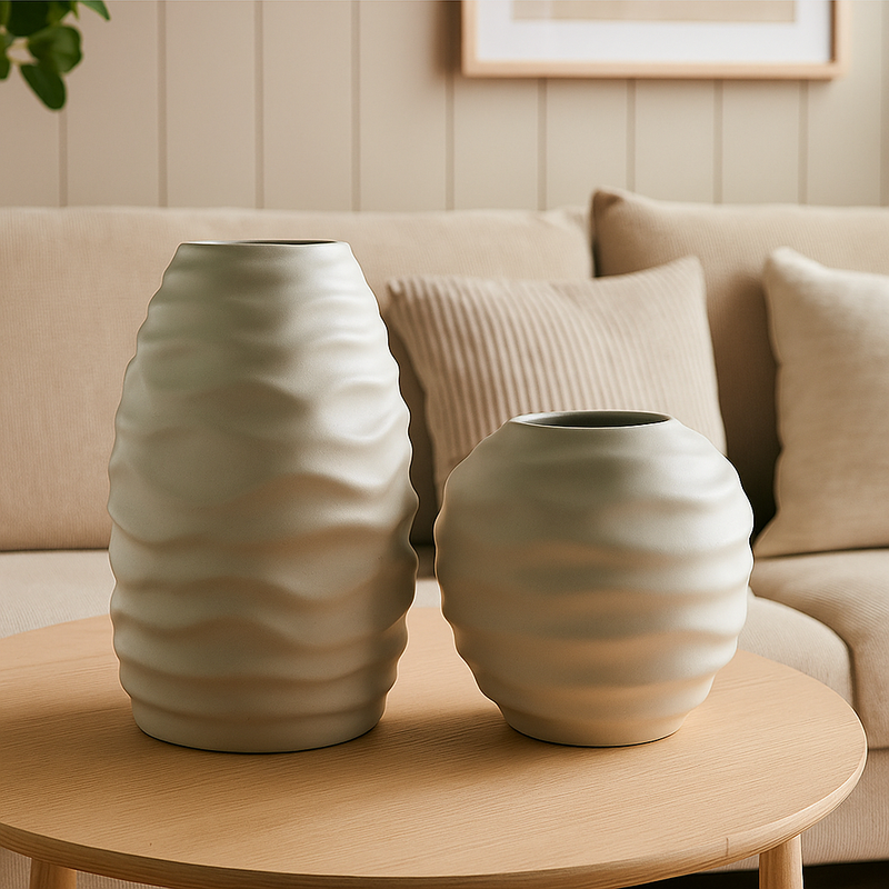 Dupla Par Vasos Onda Ondulado Cerâmica Decoração Para mesa Sala